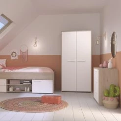 Calicosy Armoires Enfant Armoire 2 Portes Avec Penderie L90.2 X H186 Cm - Décor Blanc Et Bois -Armoires enfant Soldes armoire 2 portes avec penderie l90 2 x h186 cm decor blanc et bois 4