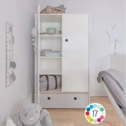 Wookids Armoires Enfant Armoire 2 Portes Façade Tiroir Gris Chaud -Armoires enfant Soldes armoire 2 portes facade tiroir gris chaud 3