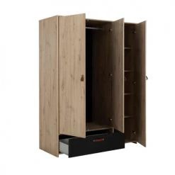 Terre De Nuit Armoires Enfant Armoire 3 Portes 1 Tiroir En Bois Imitation Chêne Clair Et Noir 200cm -Armoires enfant Soldes armoire 3 portes 1 tiroir en bois imitation chene clair et noir 200cm 2