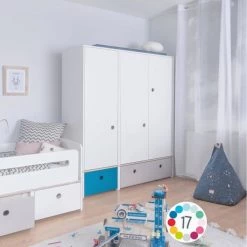 Wookids Armoires Enfant Armoire 3 Portes Façades Tiroirs Blanc -Armoires enfant Soldes armoire 3 portes facades tiroirs blanc 7