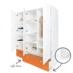 Wookids Armoires Enfant Armoire 3 Portes Façades Tiroirs Orange -Armoires enfant Soldes armoire 3 portes facades tiroirs orange 2