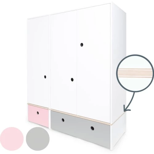 Wookids Armoires Enfant Armoire 3 Portes Façades Tiroirs Rose Pastel 4 Wookids Armoires Enfant Armoire 3 Portes Façades Tiroirs Rose Pastel – Image 2