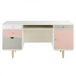 Maisons Du Monde Bureaux Enfant Bureau 1 Porte 4 Tiroirs Blanc, Gris Et Rose