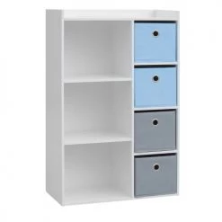Wadiga Bibliothèques Et étagères Enfant Meuble De Rangement Chambre Enfant Blanche 4 Paniers Bleus Et Gris